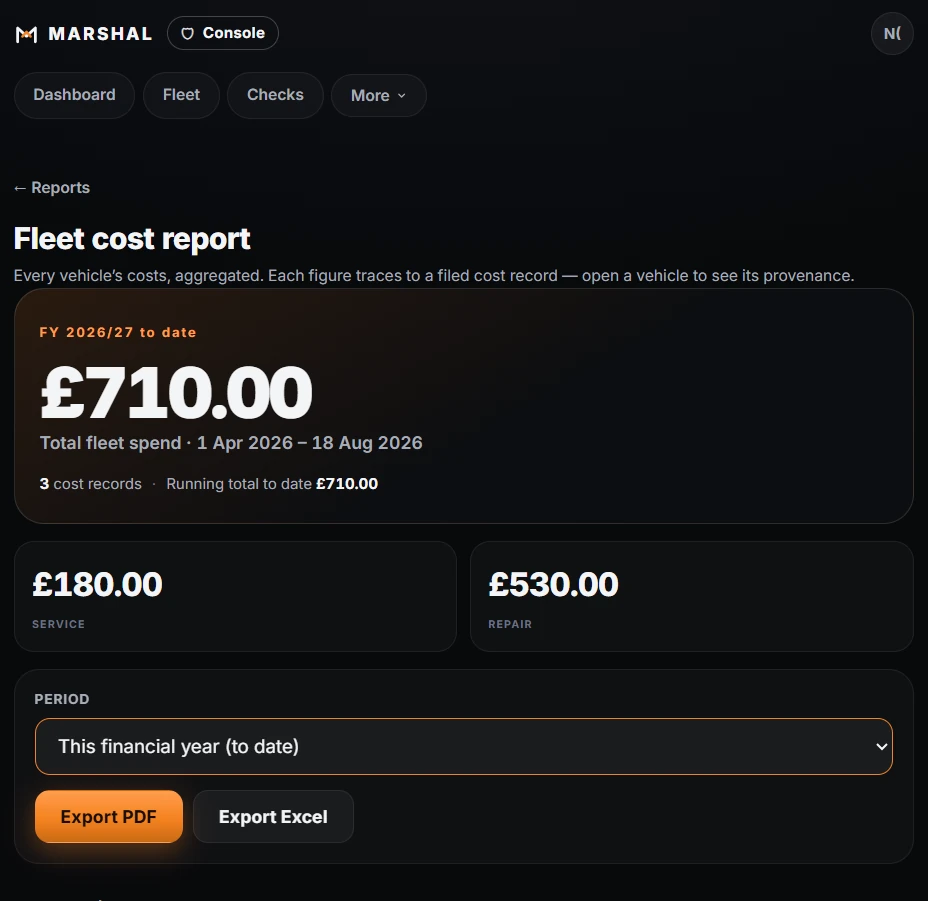 The Marshal fleet cost report showing total fleet spend for the financial year to date, split into service and repair totals, with a period selector and PDF and Excel export buttons.